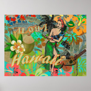 Vintage Hawaii Hula Graphic Art Tropical Poster