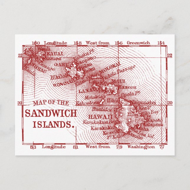 Vintage Hawaii Map, Red Postcard (Front)