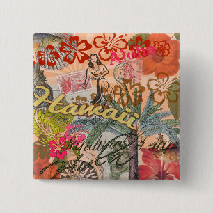 Vintage Hawaii Travel Colourful Hawaiian Tropical 15 Cm Square Badge