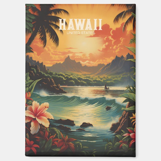 Vintage Hawaii Tropical Beach Travel Illustration Magnet (Front)