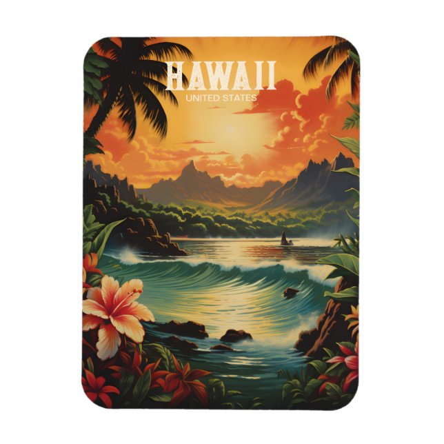 Vintage Hawaii Tropical Beach Travel Illustration Magnet (Vertical)