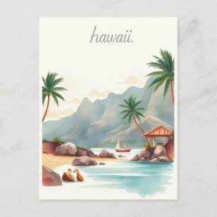 Vintage Hawaii Watercolor Travel Illustration Postcard