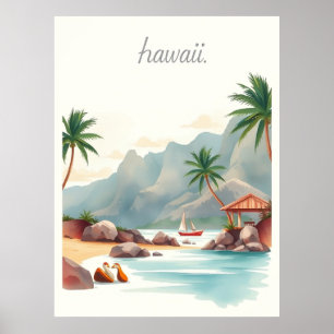 Vintage Hawaii Watercolor Travel Illustration Poster