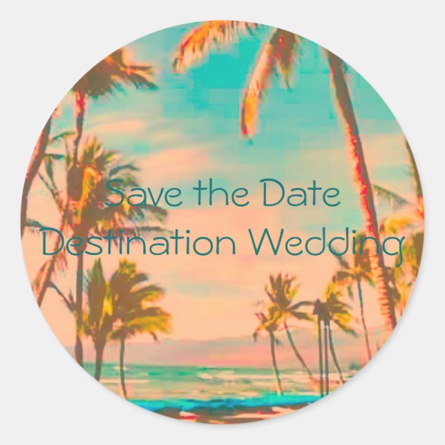 Vintage Hawaiian Beach Scene Classic Round Sticker (Front)