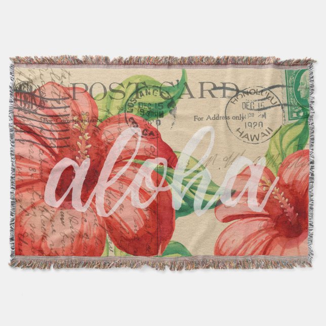 Vintage Hawaiian Hibiscus Postcard Throw Blanket (Front)