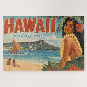 Vintage Hawaiian Hula Girl Aloha Escape Paradise Jigsaw Puzzle