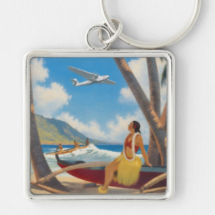 Vintage Hawaiian Hula Girl Aloha Escape Paradise Key Ring
