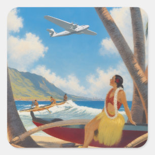 Vintage Hawaiian Hula Girl Aloha Escape Paradise Square Sticker