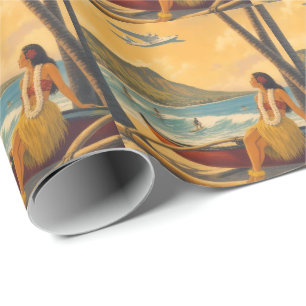 Vintage Hawaiian Hula Girl Aloha Escape Paradise Wrapping Paper