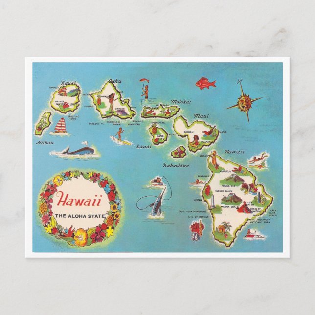 Vintage Hawaiian Map Postcard (Front)