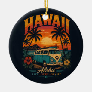 Vintage Hawaiian Sunset Palms Surfboard Aloha Ceramic Tree Decoration