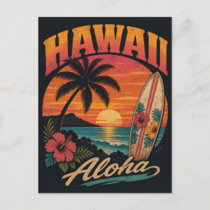 Vintage Hawaiian Sunset Palms Surfboard Aloha Holiday Postcard