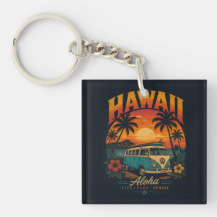Vintage Hawaiian Sunset Palms Surfboard Aloha Key Ring