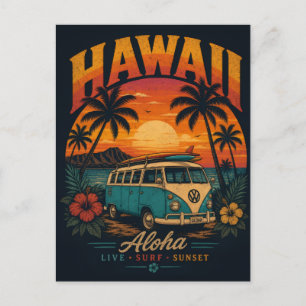 Vintage Hawaiian Sunset Palms Surfboard Aloha Postcard