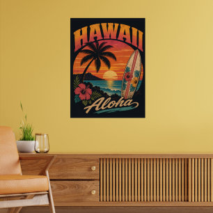 Vintage Hawaiian Sunset Palms Surfboard Aloha Poster