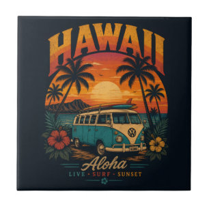 Vintage Hawaiian Sunset Palms Surfboard Aloha Tile