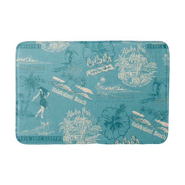 Vintage Hawaiian Travel Collage in Teal Bath Mat (Front)