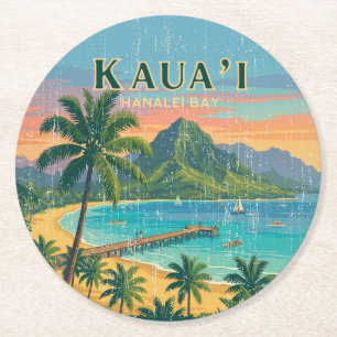 Vintage Hawaiian Travel Posters - Kauai Round Paper Coaster