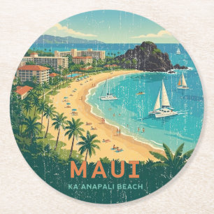 Vintage Hawaiian Travel Posters - Maui Round Paper Coaster