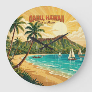 Vintage Hawaiian Travel Posters - Oahu Large Clock
