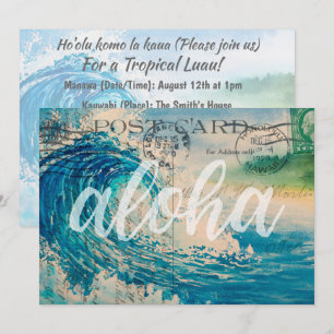 Vintage Hawaiian Wave Postcard Luau Invitation