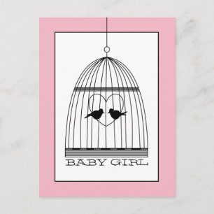 Vintage Heart Birdcage Baby Girl Announcement Postcard