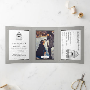Vintage Heart Birdcage, Silver Wedding Suite Tri-Fold Invitation