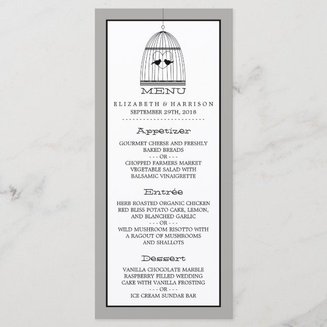 Vintage Heart Birdcage Wedding Menu (Front)