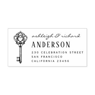 Vintage Heart Key Script Names & Return Address Rubber Stamp