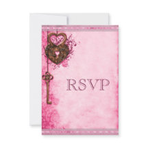 Vintage Heart Lock & Key Pink Wedding RSVP