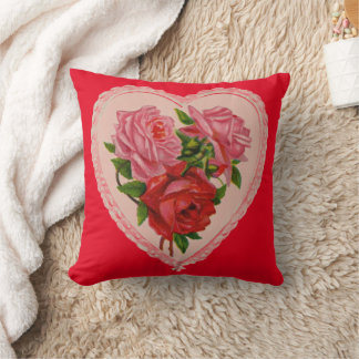 Vintage Heart Pink Red Roses Valentine Cushion