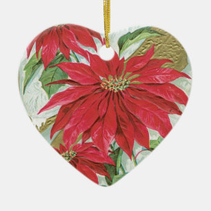 Vintage Heart Poinsettia Ceramic Tree Decoration