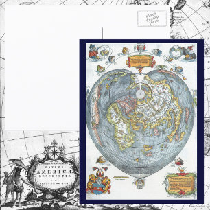 Vintage Heart Shaped Antique World Map Peter Apian Postcard