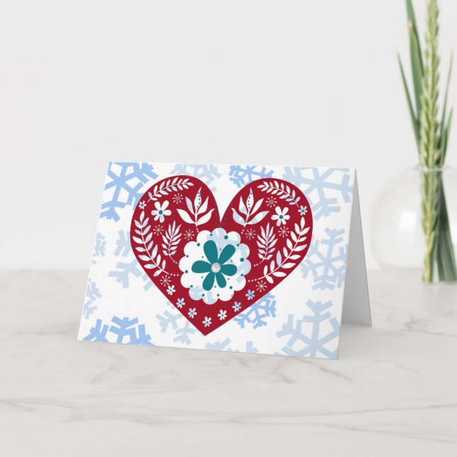 Vintage Heart Winter Snowflakes Custom Greeting Card (Front)