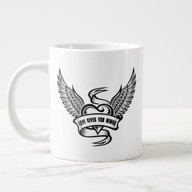Vintage Heart With Wings, Love Gives You Wings Large Coffee Mug (Left)