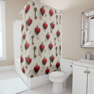 Vintage Hearts and Keys Pattern Shower Curtain
