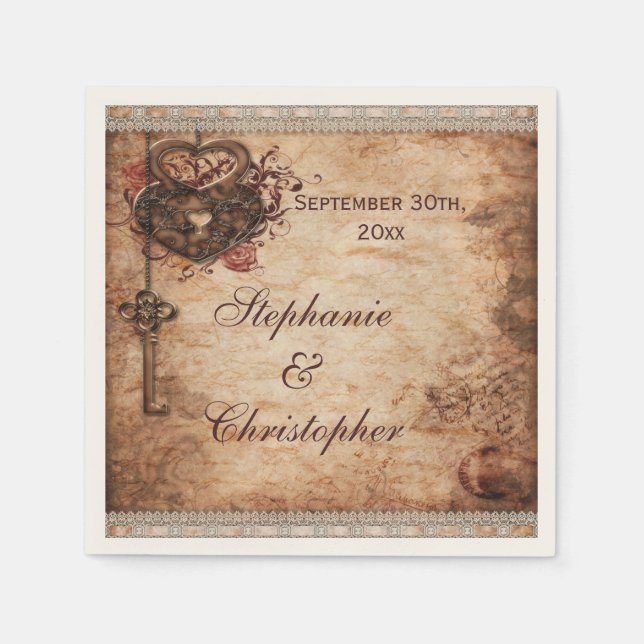 Vintage Hearts Lock and Key Personalised Wedding Napkin (Front)