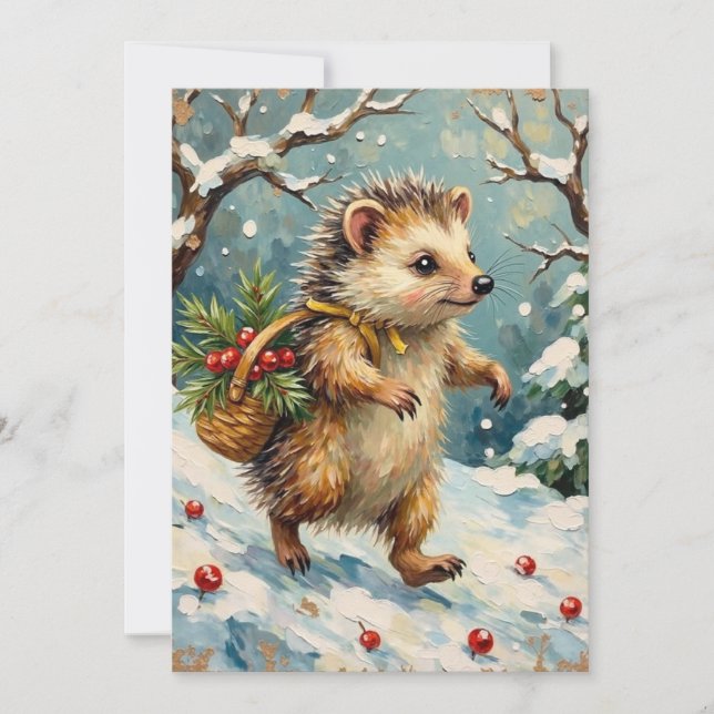 Vintage Hedgehog with Christmas Berry Basket Holiday Card (Front)