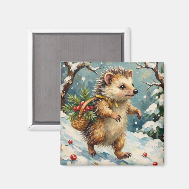 Vintage Hedgehog with Christmas Berry Basket Magnet (Front/Back)