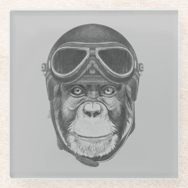 Vintage Helmet Chimpanzee Glass Coaster (Front)