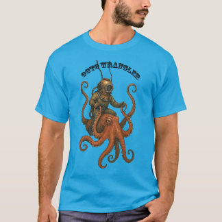 Vintage Helmet Diver Riding a Giant Octopus URM T-Shirt