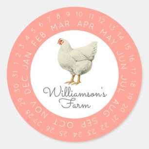 Vintage Hen Encircled Date Egg Carton Coral Pink Classic Round Sticker