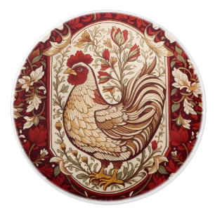 Vintage Hen Red and Cream Floral Ceramic Knob