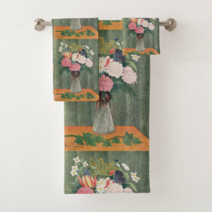 Vintage Henri Rousseau Pink Floral Still Life Bath Towel Set