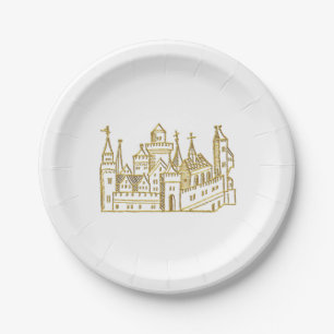 Vintage Heraldic Castle #2 Crest Faux Gold Paper Plate