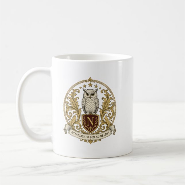 Vintage Heraldic Owl Crest Coffee Mug (Left)