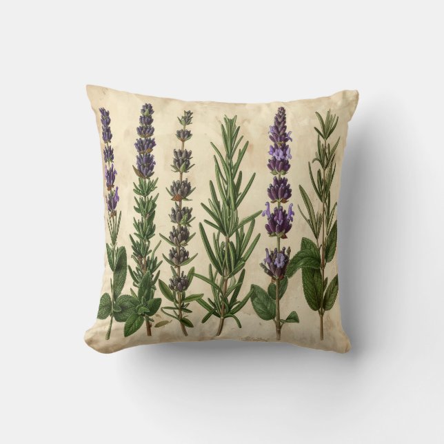 Vintage Herb Pillow - Botanical Rosemary Lavender  (Front)