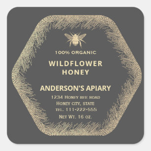 Vintage Hexagon  gold bee honey jar Square Sticker
