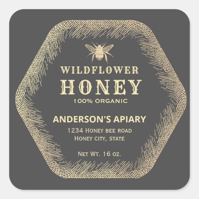 Vintage Hexagon gold honey bee honey  Square Sticker (Front)