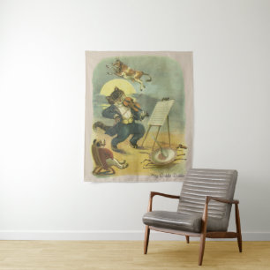 Vintage Hey Diddle Diddle Nursery Rhyme Restored Tapestry
